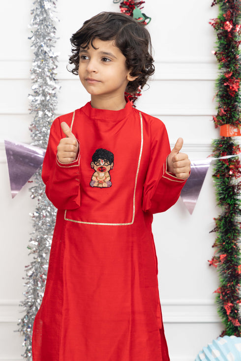 HANUMAN RED SILK KURTA SET